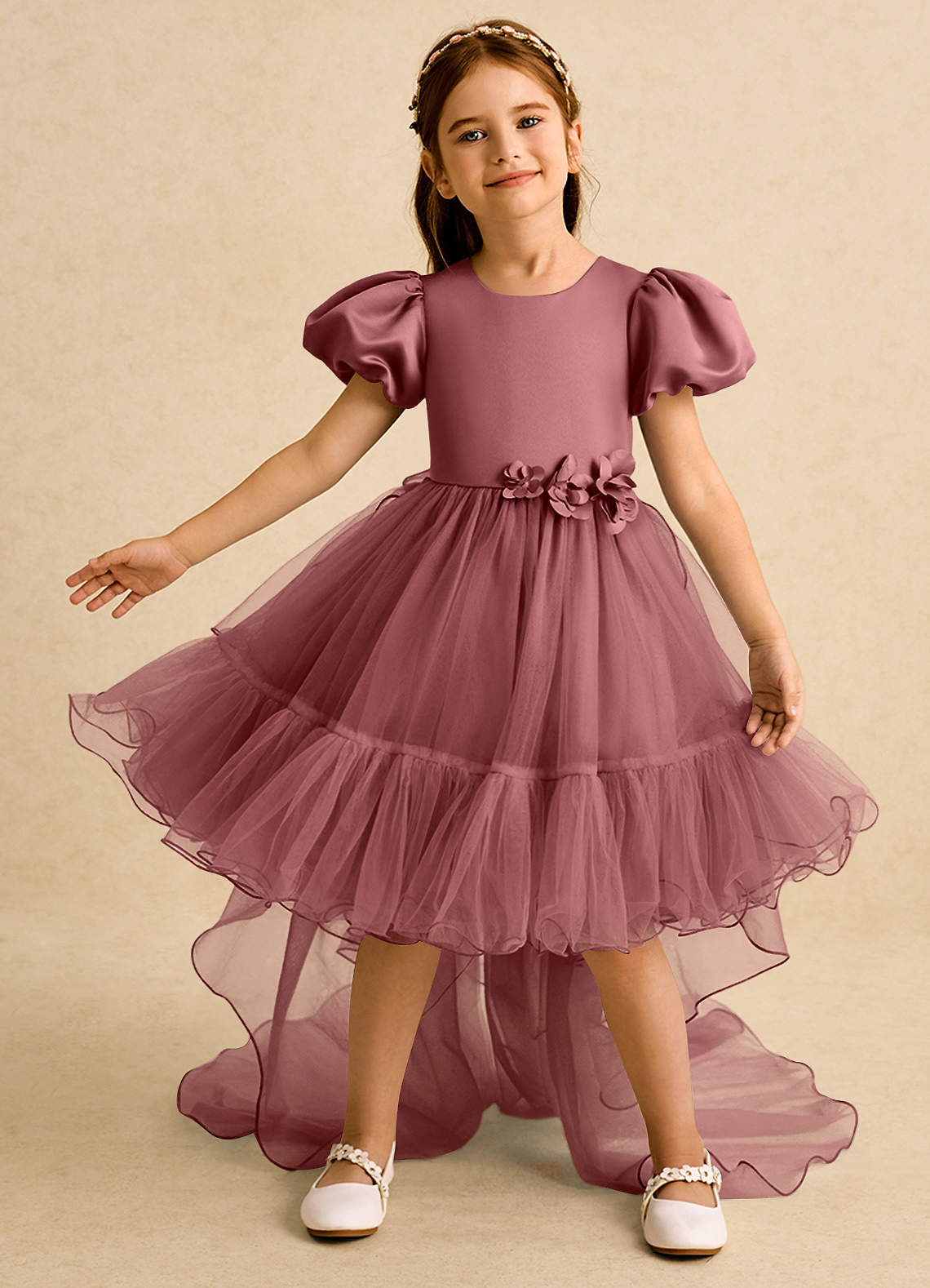 Azazie Cocoa vestidos de niña de las flores Vestido de Amatista de Tul de Princesa con Plisado image1