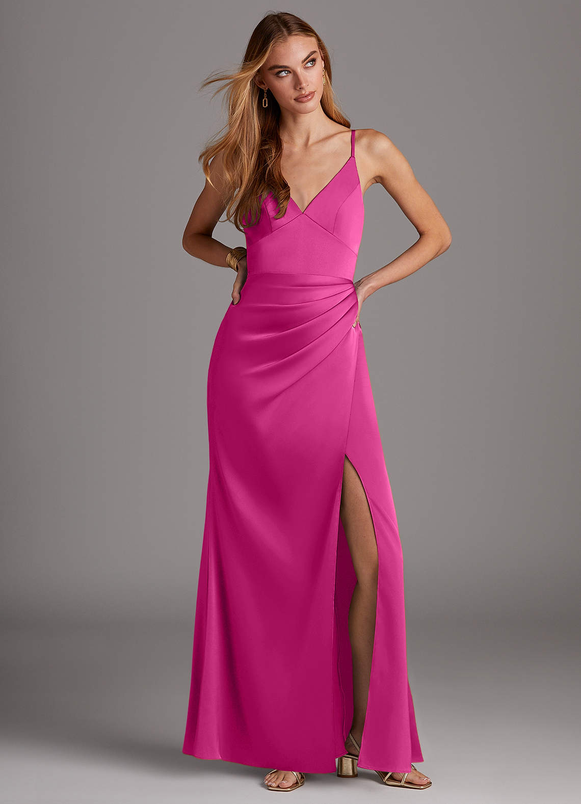 fuchsia pink satin dress Fuchsia Mermaid V Neck Satin Long Prom Dresses with Beading, Silver / 12
