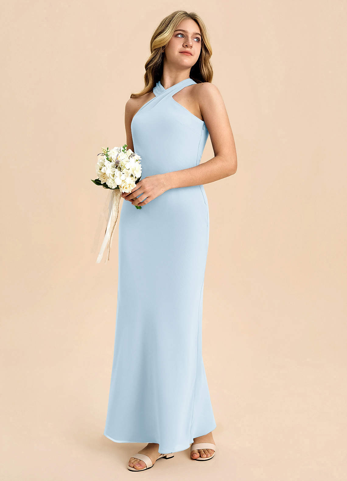 Azazie Doretta Junior Robe Fourreau en Mousseline de soie Plissée Bleu Ciel image5