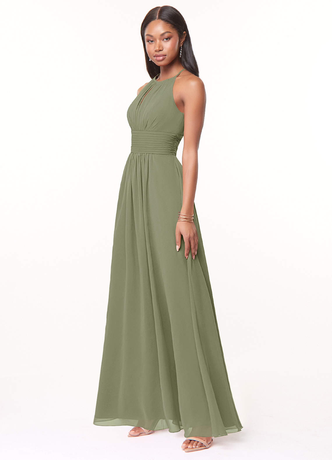 Azazie Bonnie Vestidos de damas de honor Vestido de Pistacho de Gasa de Corte en A con Cuello de pico fruncido image2