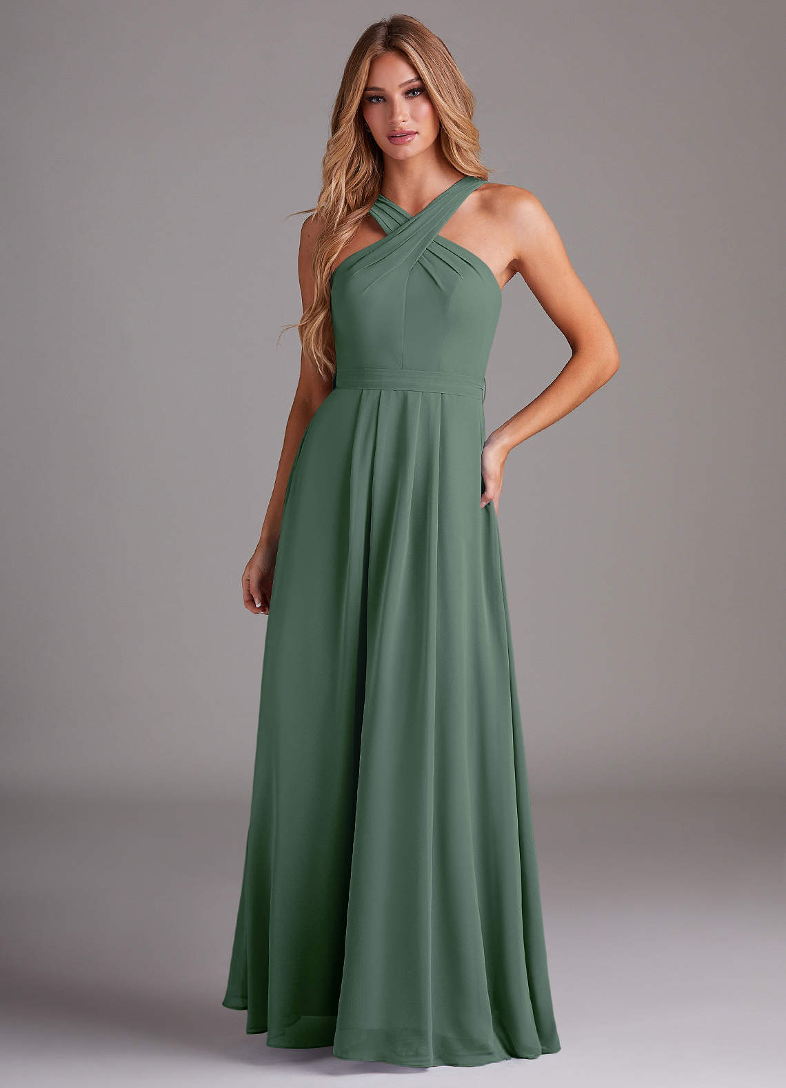 Azazie Dixie Bridesmaid Dresses Eucalyptus A-Line Halter Pleated Chiffon Dress image1