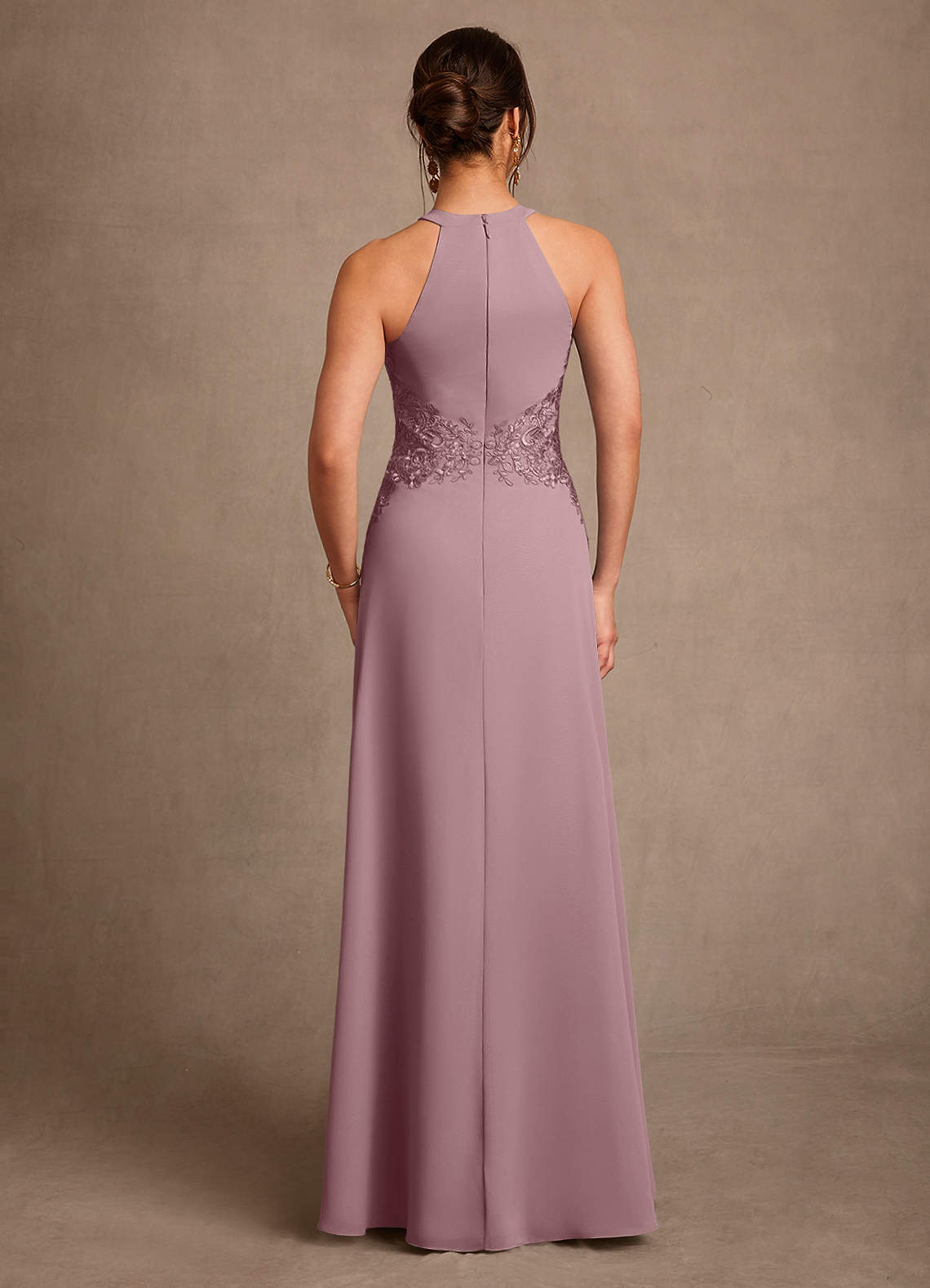 Azazie Georgie Vestidos para mãe da noiva Vestido Rosa Empoeirada de Chiffon de Linha A com Renda image2