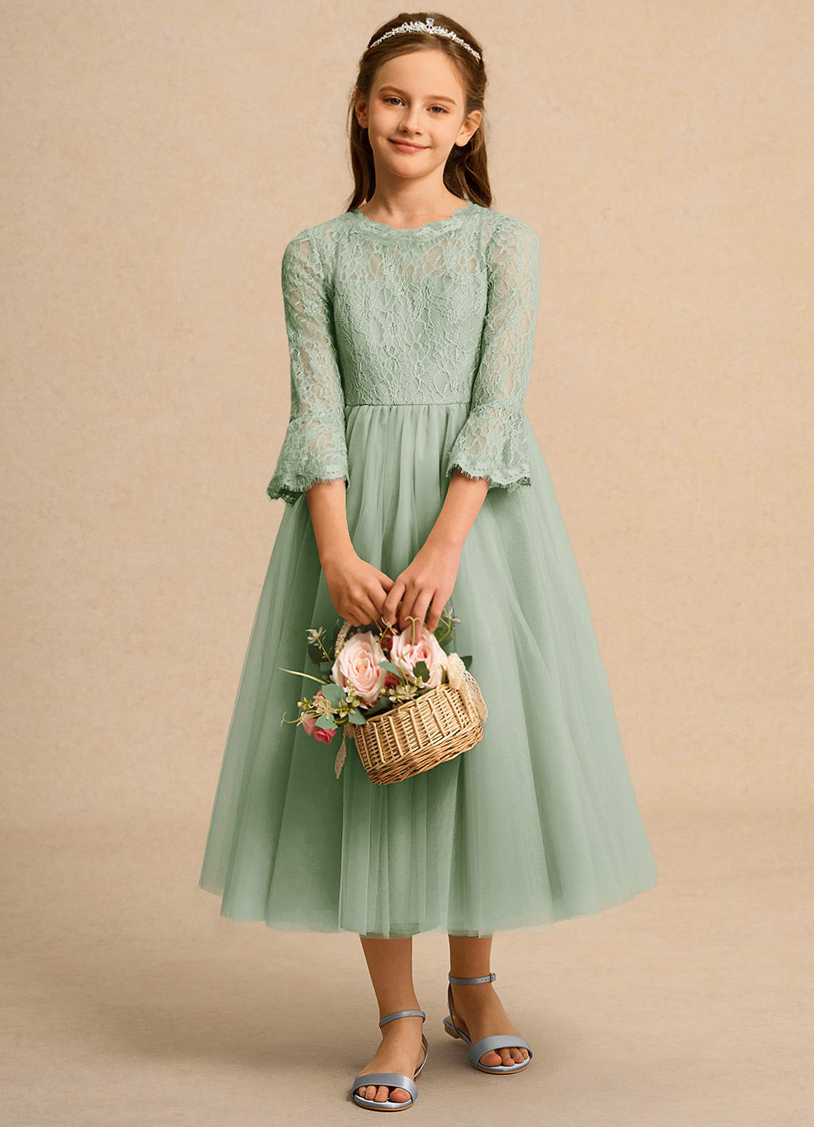 Azazie Lamb Girl Abiti da Ragazza di Fiori Abito Principessa in Pizzo Verde Salvia image1