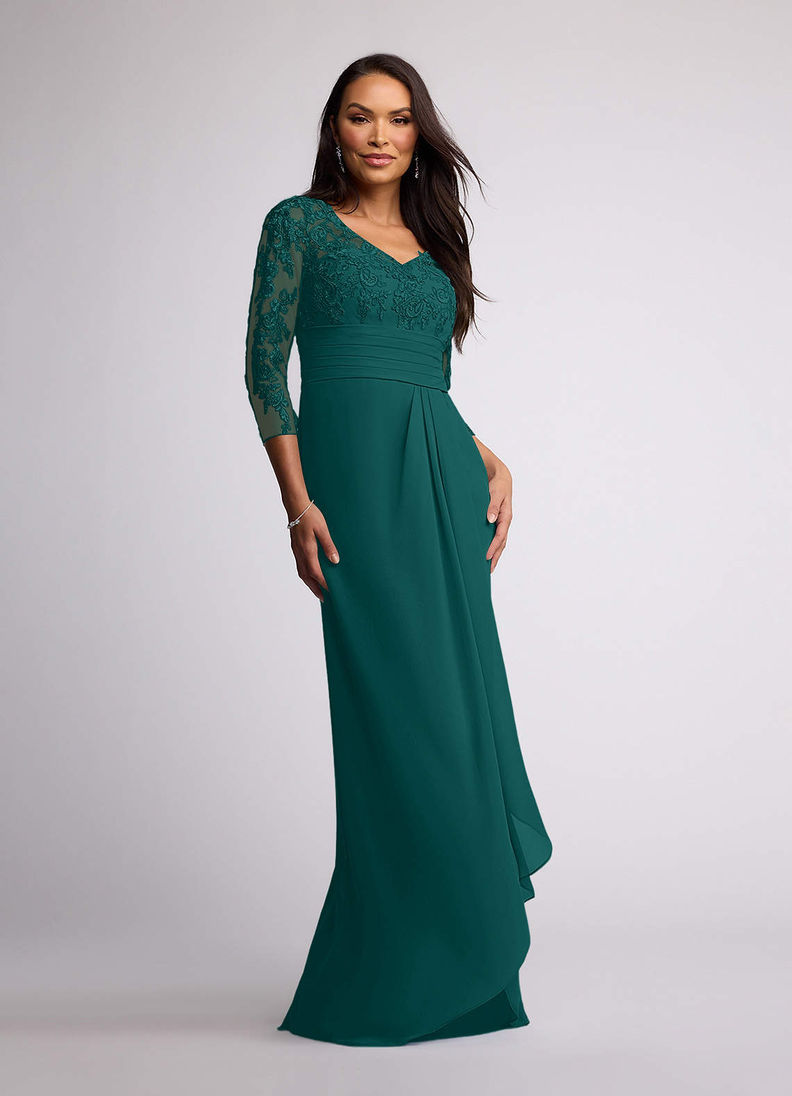 Azazie Joan Peacock Sheath V-Neck Lace Chiffon Dress Ready to Ship | Azazie