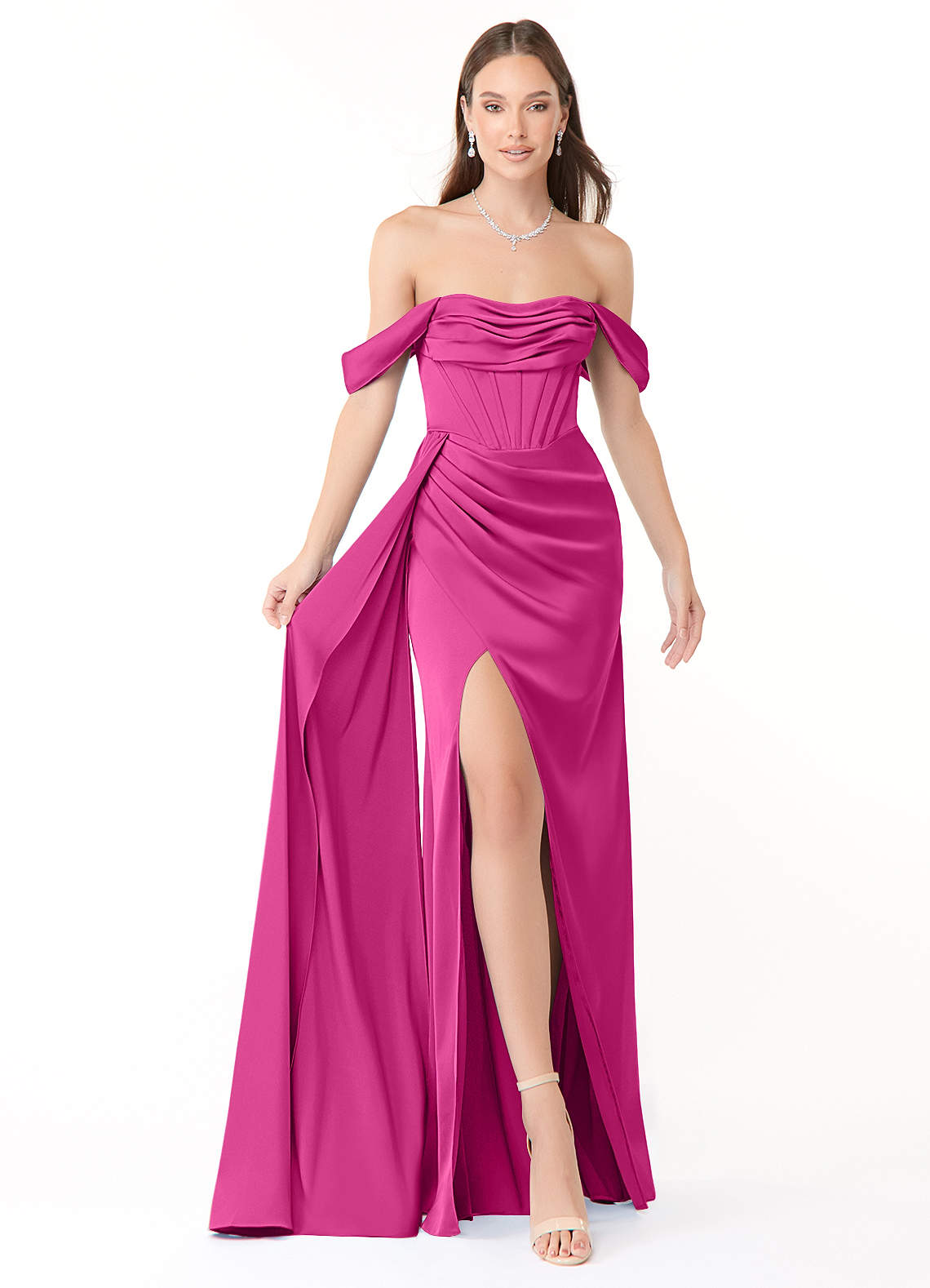 Azazie Amyra Brautjungfernkleider Wandelbar Etui Schulterfrei Stretch-Satin Kleid Fuchsia image1