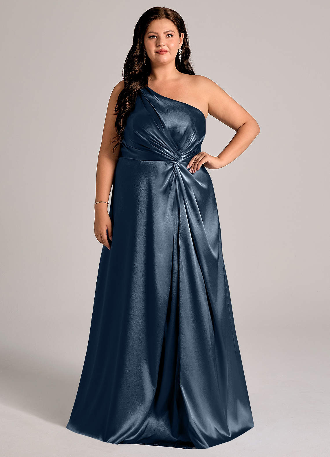 Azazie Brooke Bridesmaid Dresses Dark Navy A-Line One Shoulder Metallic Satin Dress image1