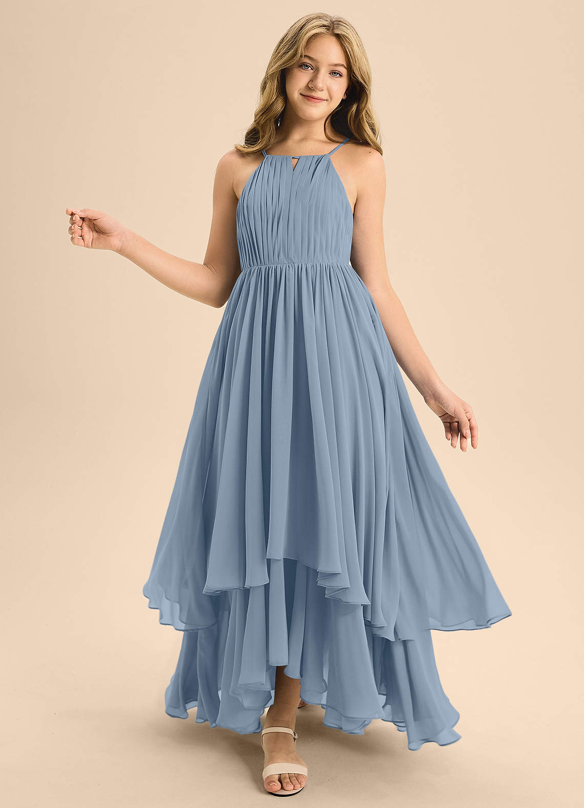 Azazie Elliora Junior Abito A-Line in Chiffon Plissettato Blu Polveroso image1