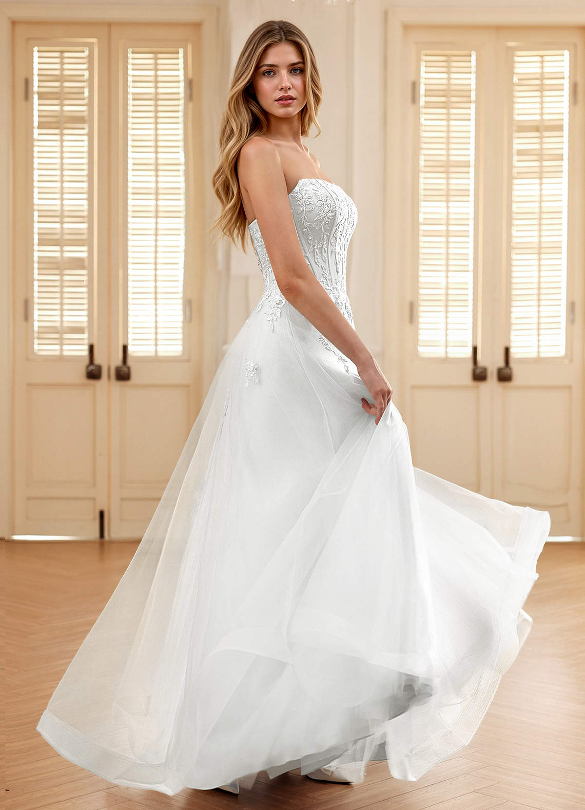 Pipery Ivory Corset Glitter-Tulle Ruffles Prom Dress | Azazie