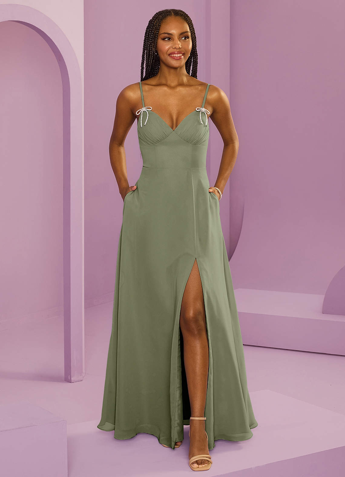 Barbie ♥ Azazie Robes de demoiselle d'honneur Robe Trapèze en Mousseline de soie avec poches Pistache image1