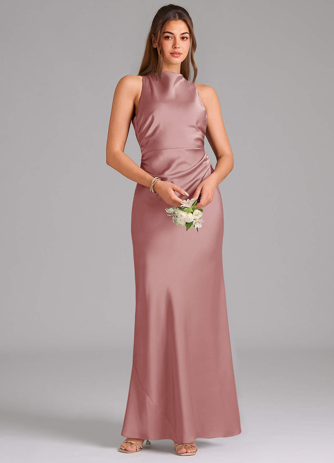 Azazie Evadne Brudtärnklänningar Klä av Tubklänning i Stretch Satin Plisserad Dammig Ros image5