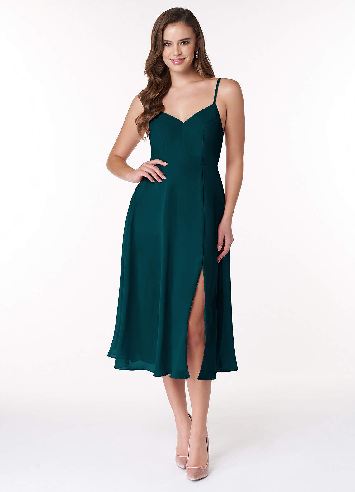 Azazie Clarissa Brautjungfernkleider A-Linie V-Hals Chiffon Kleid Kiefer image1