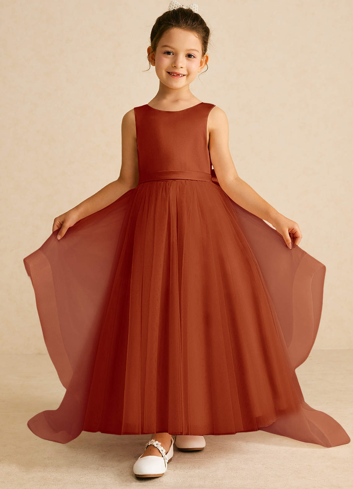 Azazie Pumpkin Flower Girl Dresses Paprika A-Line Convertible Tulle Dress image1