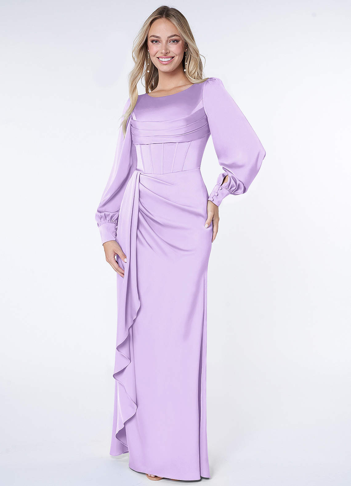 Azazie Raye Bridesmaid Dresses Lilac Mermaid Long Sleeve Stretch Satin Dress image1
