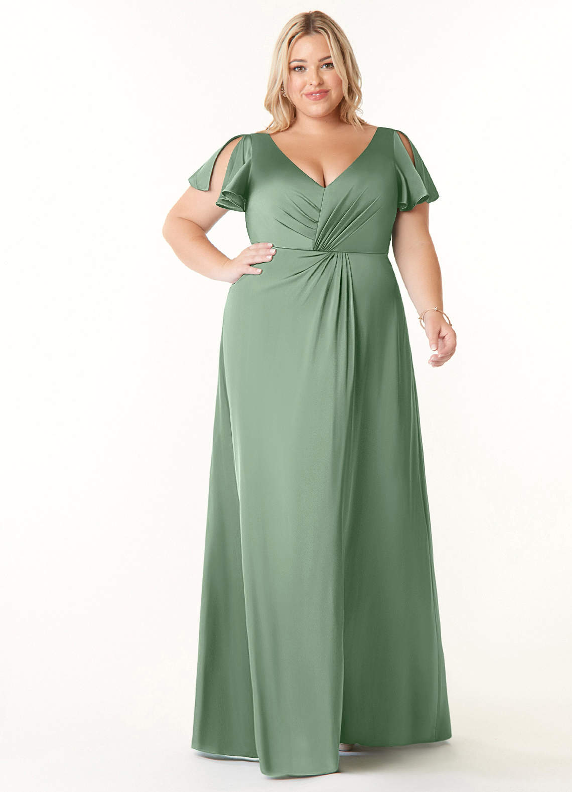 Azazie Soren Bridesmaid Dresses Matcha A-Line Pleated Stretch Satin Dress image1