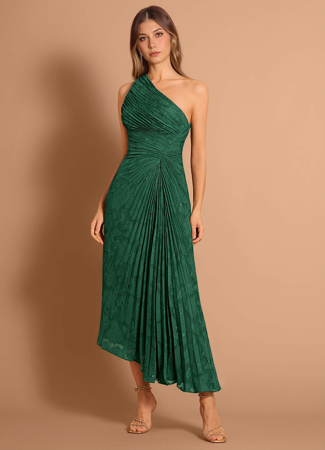 knee length dresses for ladies Emerald Green Pleated Satin Midi Dress