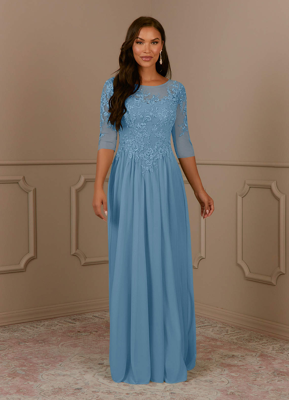 Azazie Harriet Mother of the Bride Dresses Steel Blue A-Line Scoop lace Mesh Dress image1