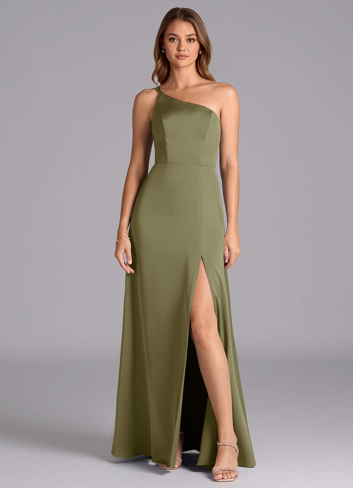 Azazie Trina Brautjungfernkleider A-Linie One-Shoulder Stretch-Satin Kleid Pistazie image1