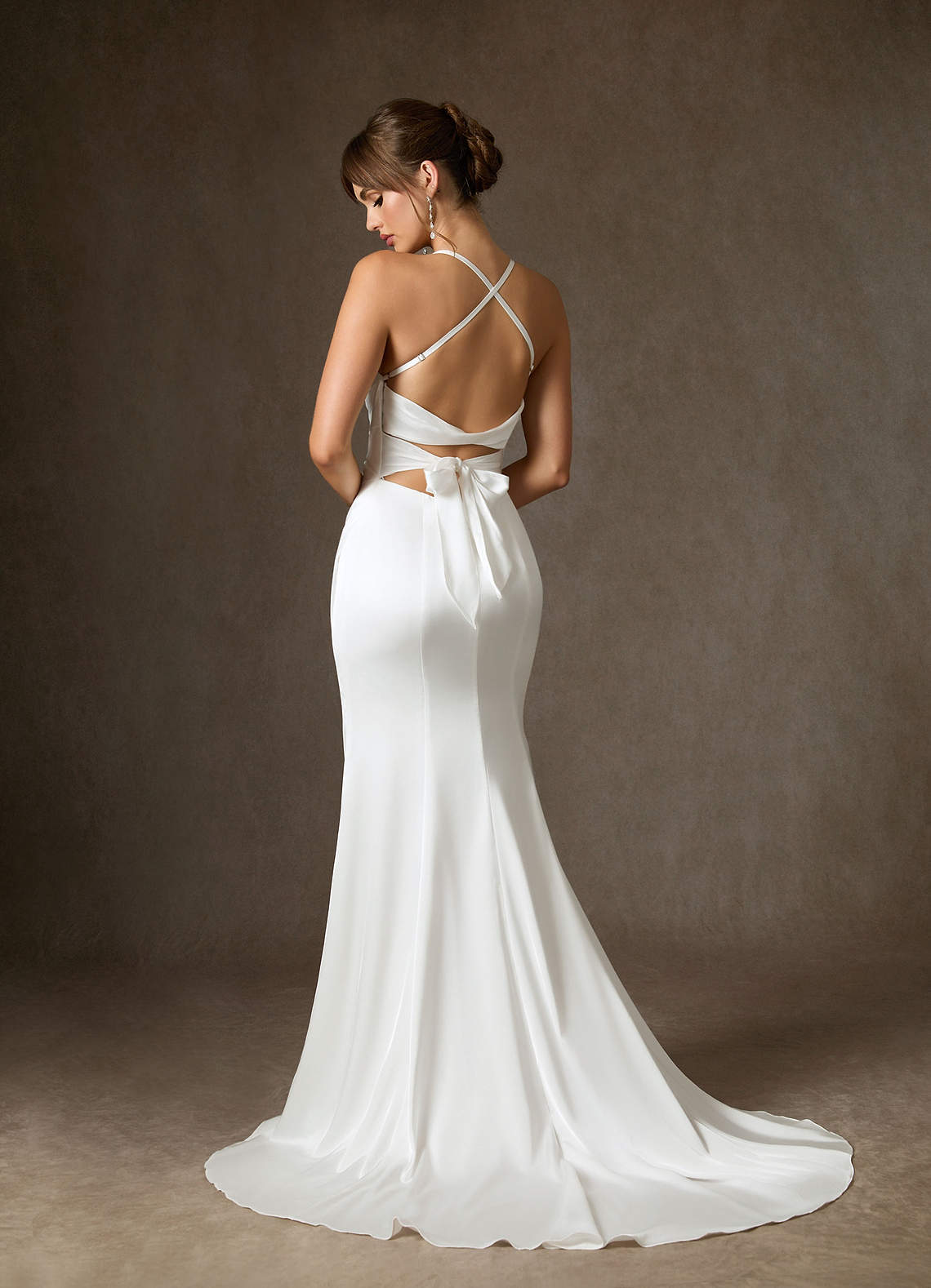 Azazie Kierra At-home Try On Dresses Diamond White Mermaid Pleated Stretch Satin Dress image6