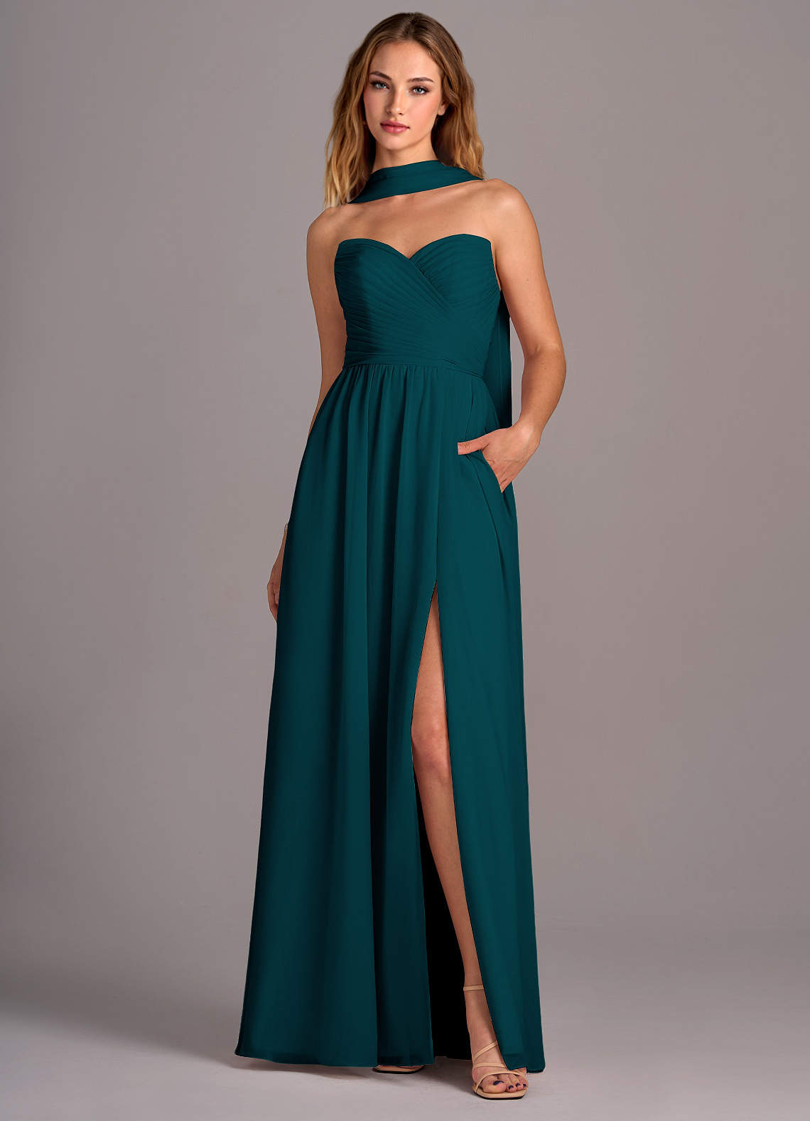 Azazie Joni Bridesmaid Dresses Pine A-Line Strapless Chiffon Convertible Dress image1