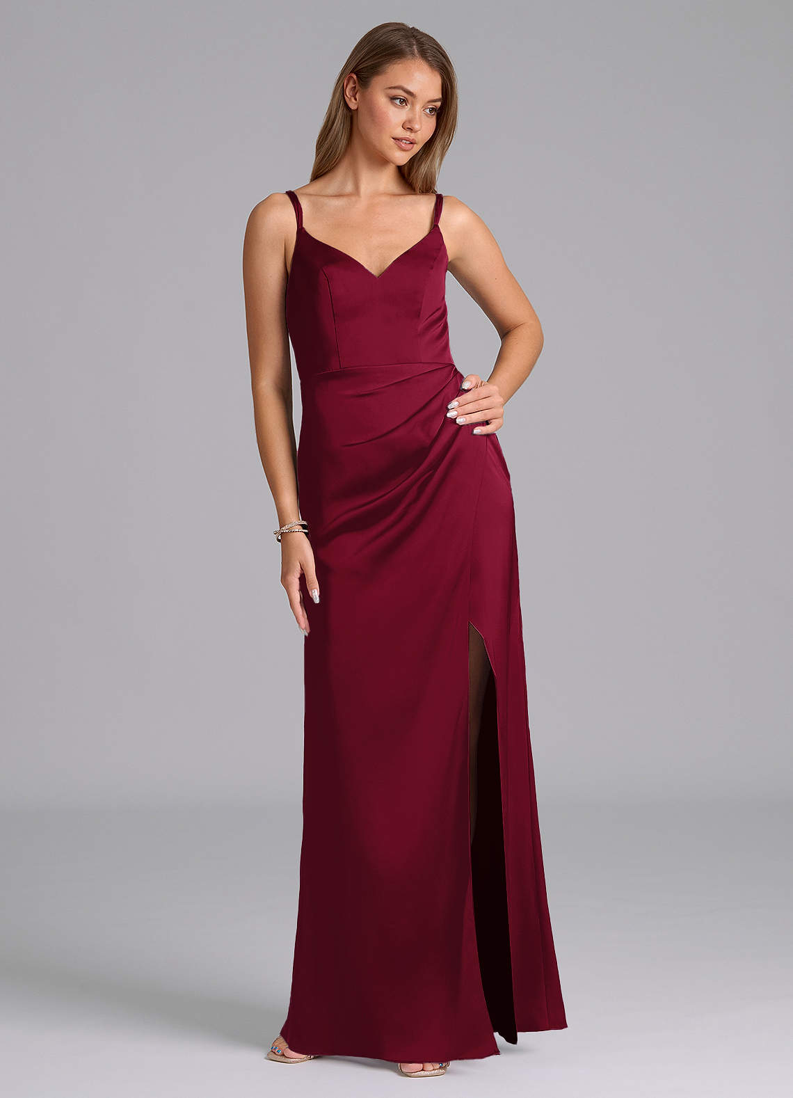 azazie maroon stretch satin dress Azazie Agustina