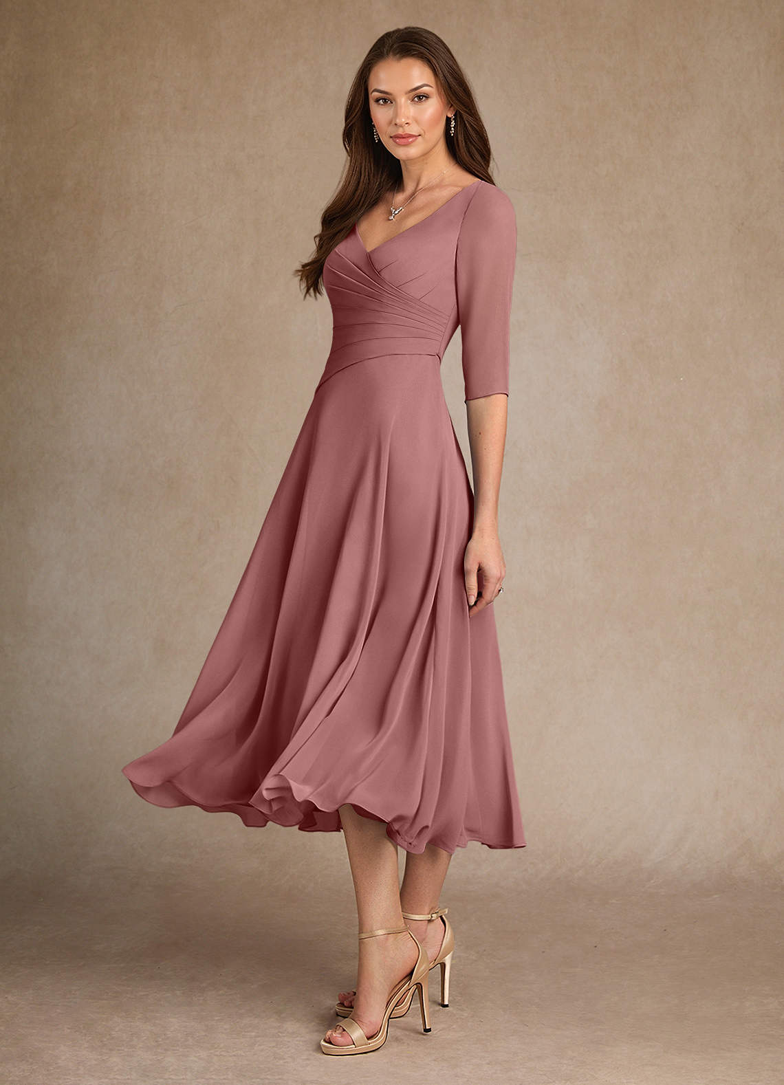 Azazie Durant vestidos de madre de la novia Vestido de Rosa Del Desierto de Gasa de Corte En A con Plisado image1