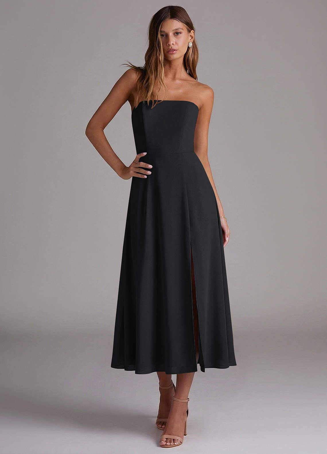 Azazie Wren Vestidos de madrinha de casamento Vestido Preto de Chiffon de Linha A com Sem alças image3