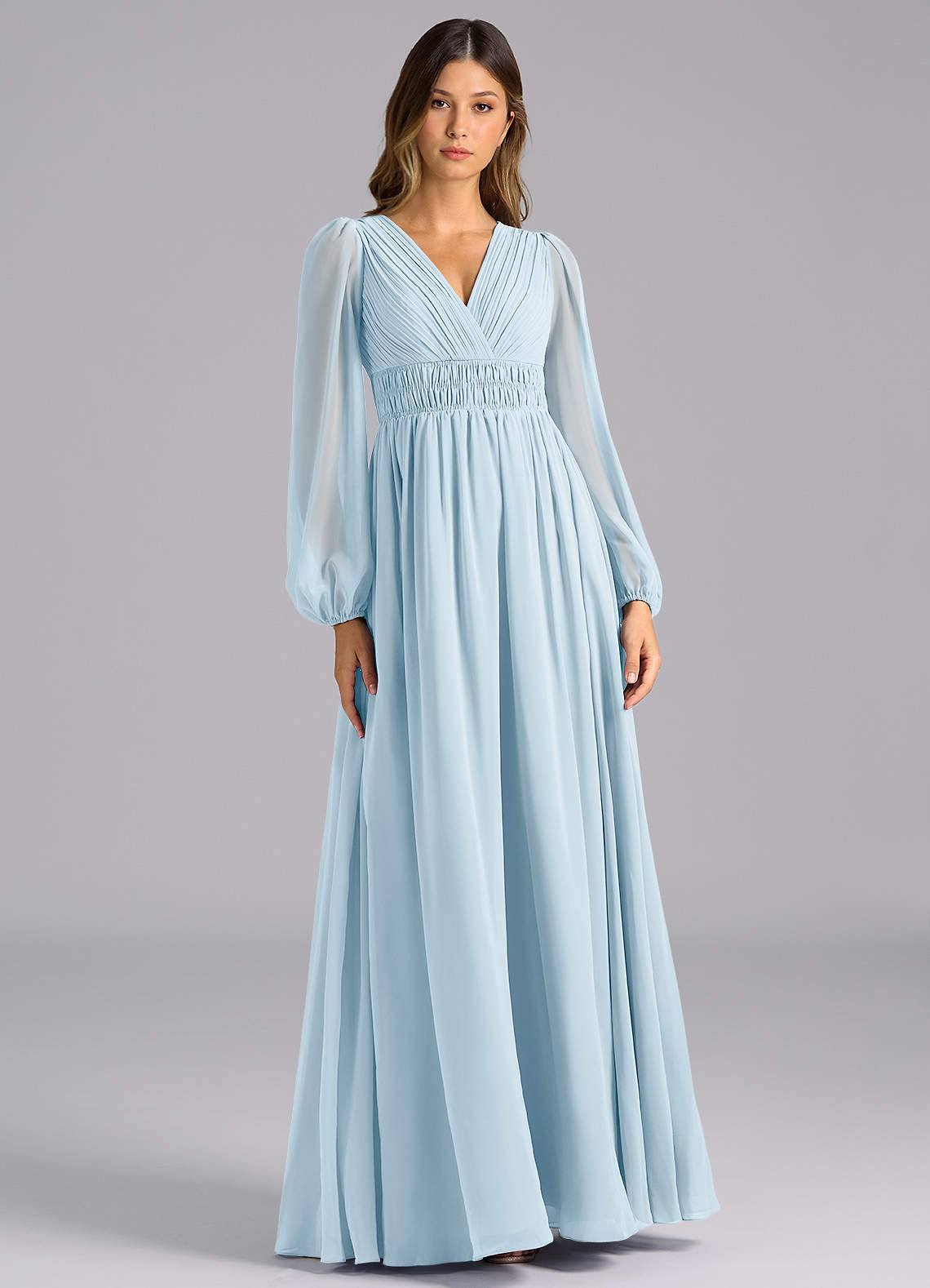 long sleeve light blue bridesmaid dress EVERPRETTY Elegant V-Neck Ruffle Flare Sleeve Chiffon Light Blue Bridesmaid Dress, Long Semi-Formal Evening Gown For Wedding Guest