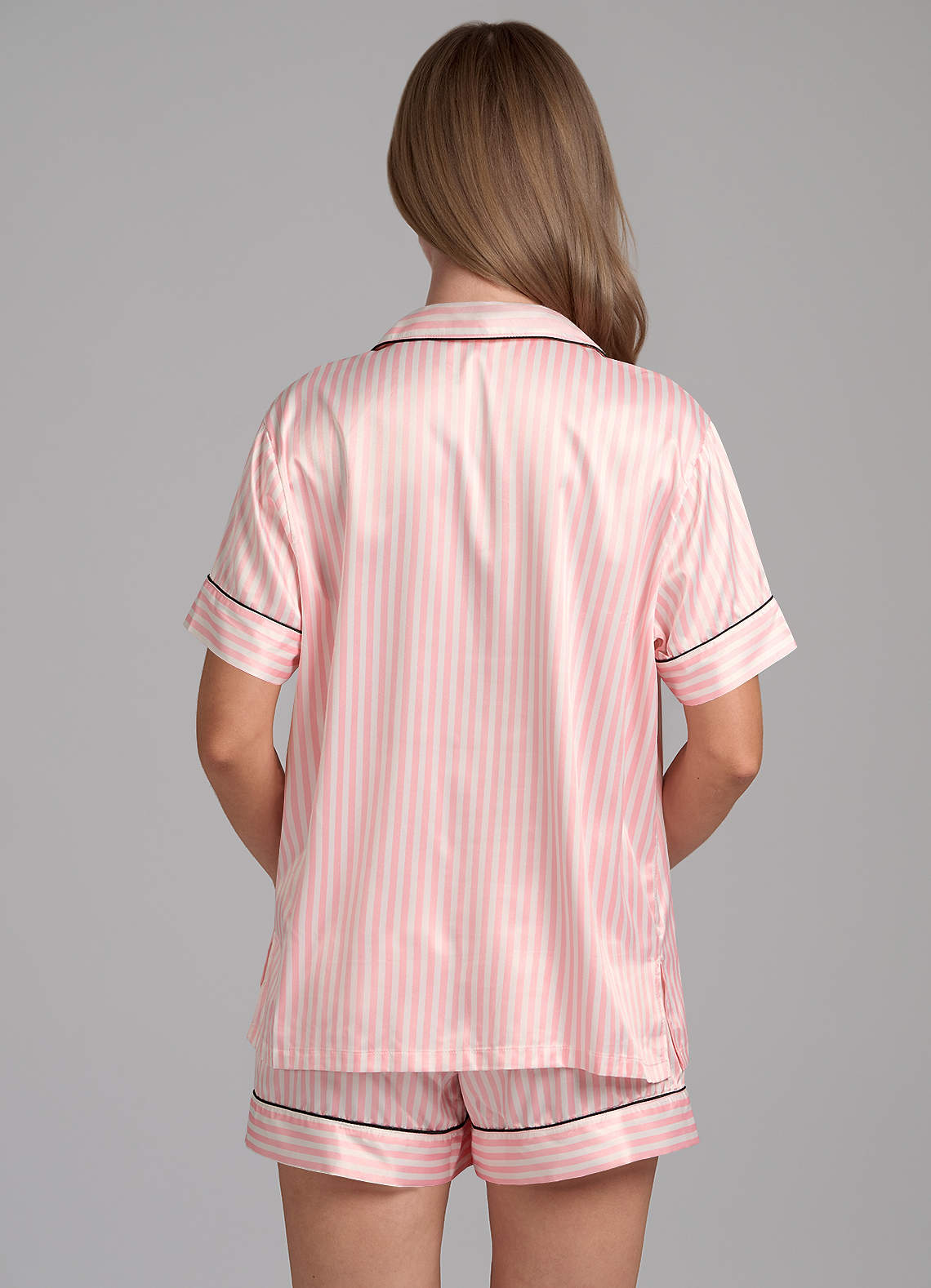 front Satin Striped Piping Short Sleeve Pajama Set