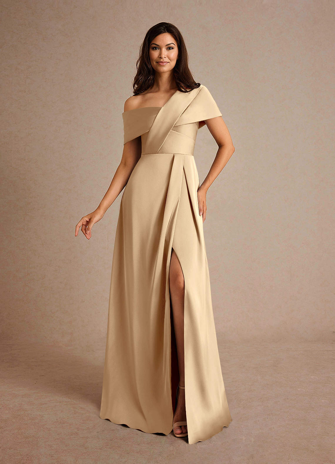 Azazie Milton Champagne A-Line Pleated Stretch Satin Dress | Azazie