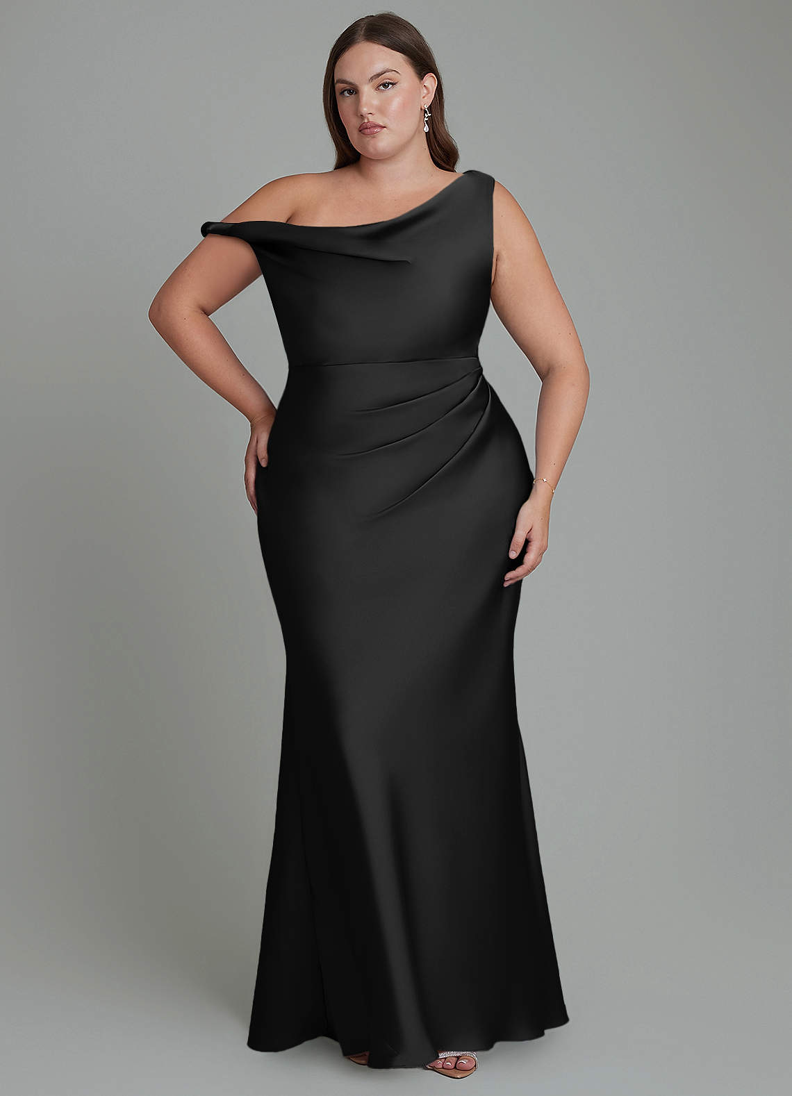 Azazie Emerson Bridesmaid Dresses Black Mermaid Off the Shoulder Stretch Satin Dress image1