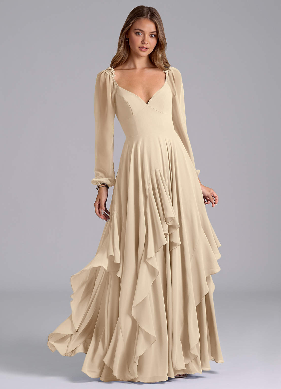 sleeves champagne bridesmaid dresses Princess Long Sleeves Beaded Champagne Wedding Dress – FancyVestido main image 0