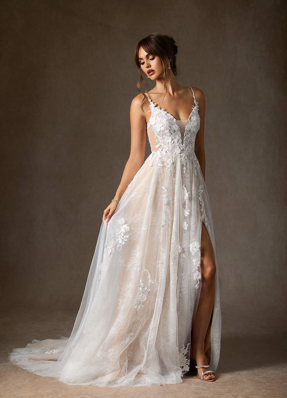 Azazie Monda Wedding Dresses Diamond White Champagne A-Line Lace Tulle Dress image10