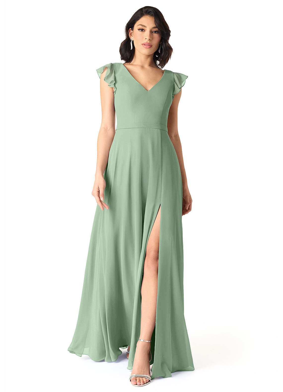 Azazie Claudine Vente Finale Robe Trapèze en Mousseline de soie Manche volante Matcha image1