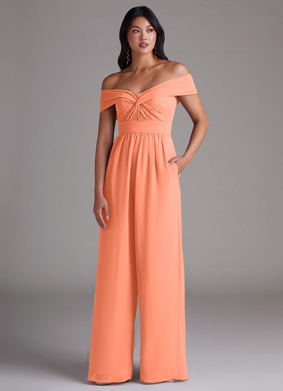 Azazie Lamara Bridesmaid Dresses Sunset Off the Shoulder Chiffon Convertible Jumpsuit image1