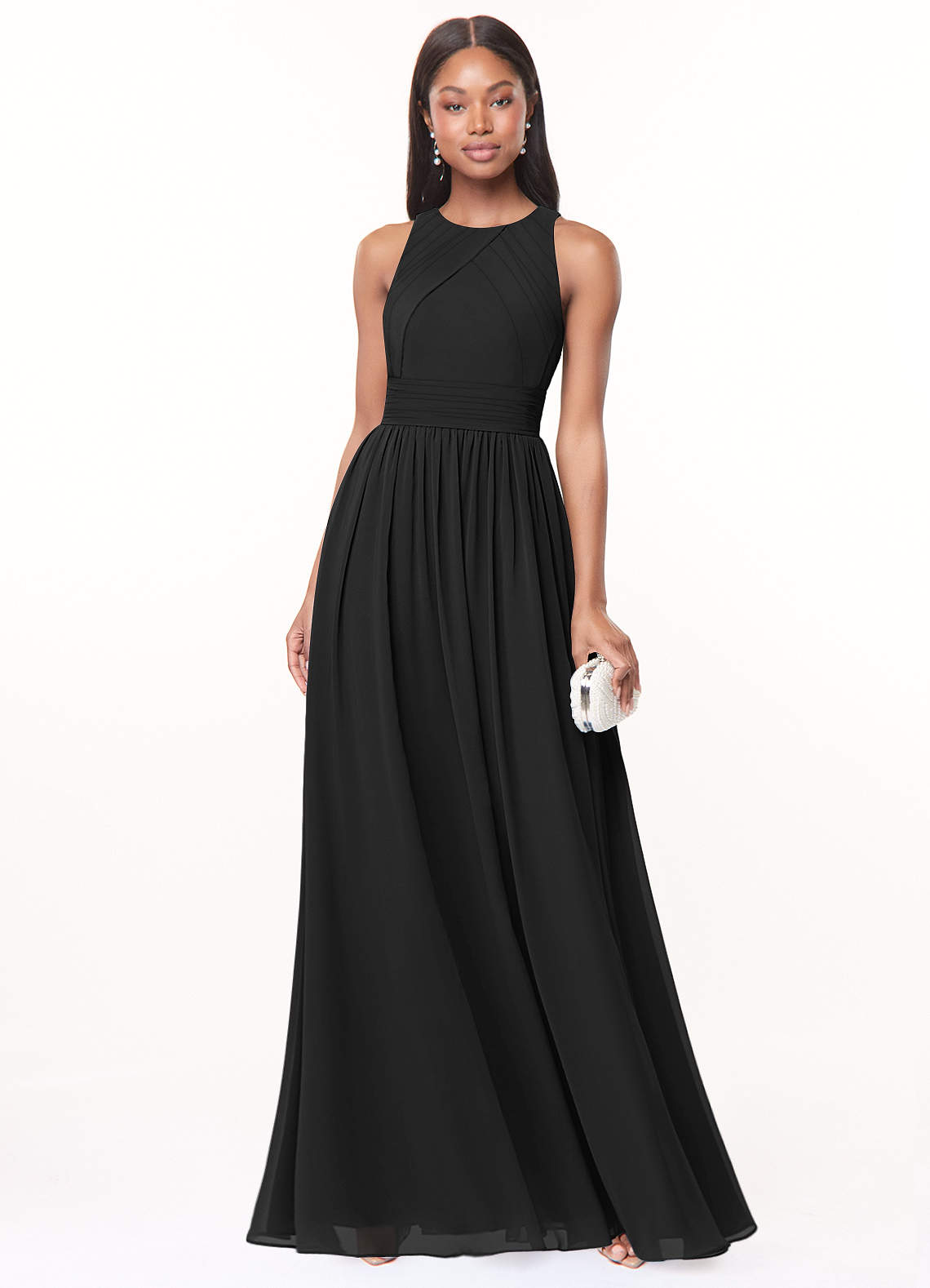 Azazie Harper Bridesmaid Dresses Black A-Line Pleated Chiffon Dress image1