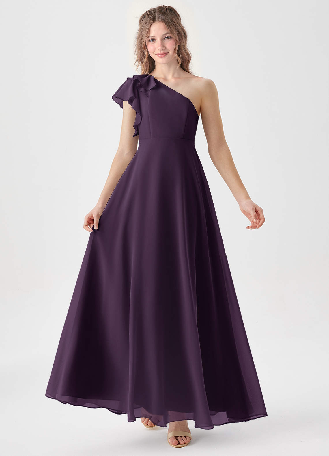 Azazie Arabella Junior Robe Trapèze en Mousseline de soie Rayé Prune image1