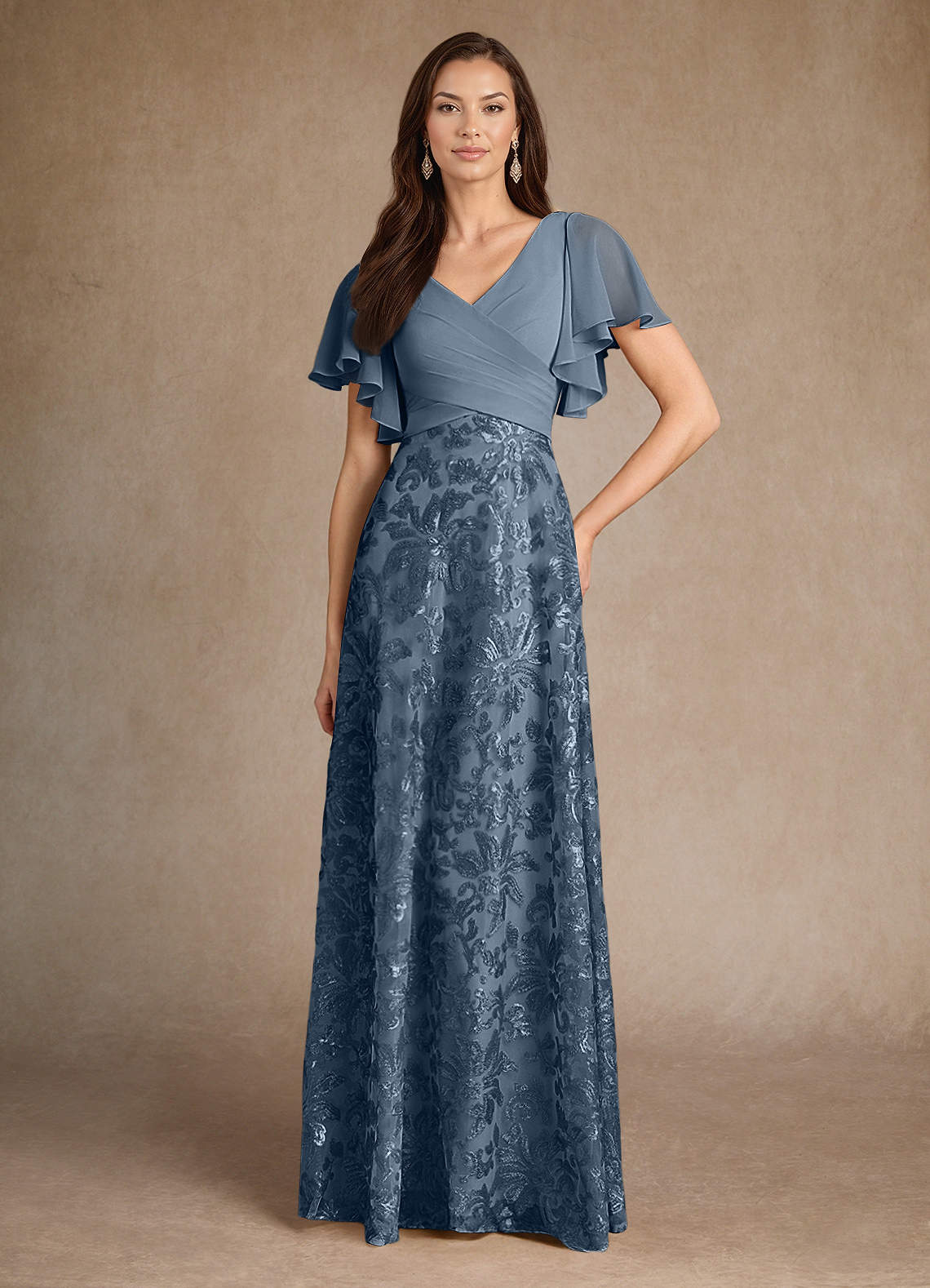 Azazie Fallon vestidos de madre de la novia Vestido de Azul Polvoriento de Encaje de Corte En A con Plisado image2
