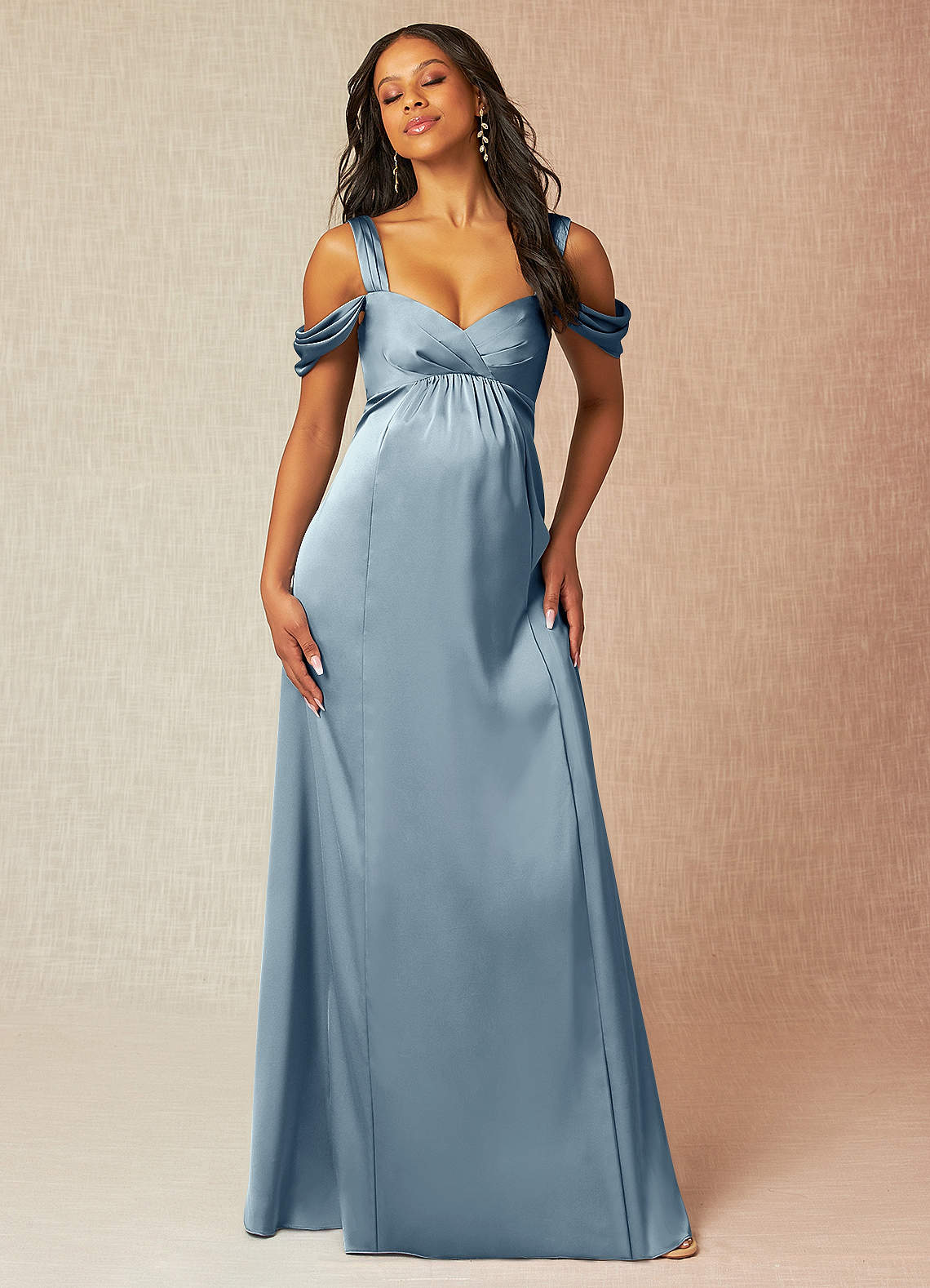 Azazie Rhea Maternity Bridesmaid Dresses A-Line Off-The-Shouler Pleated Stretch Satin Floor-Length Dress image3