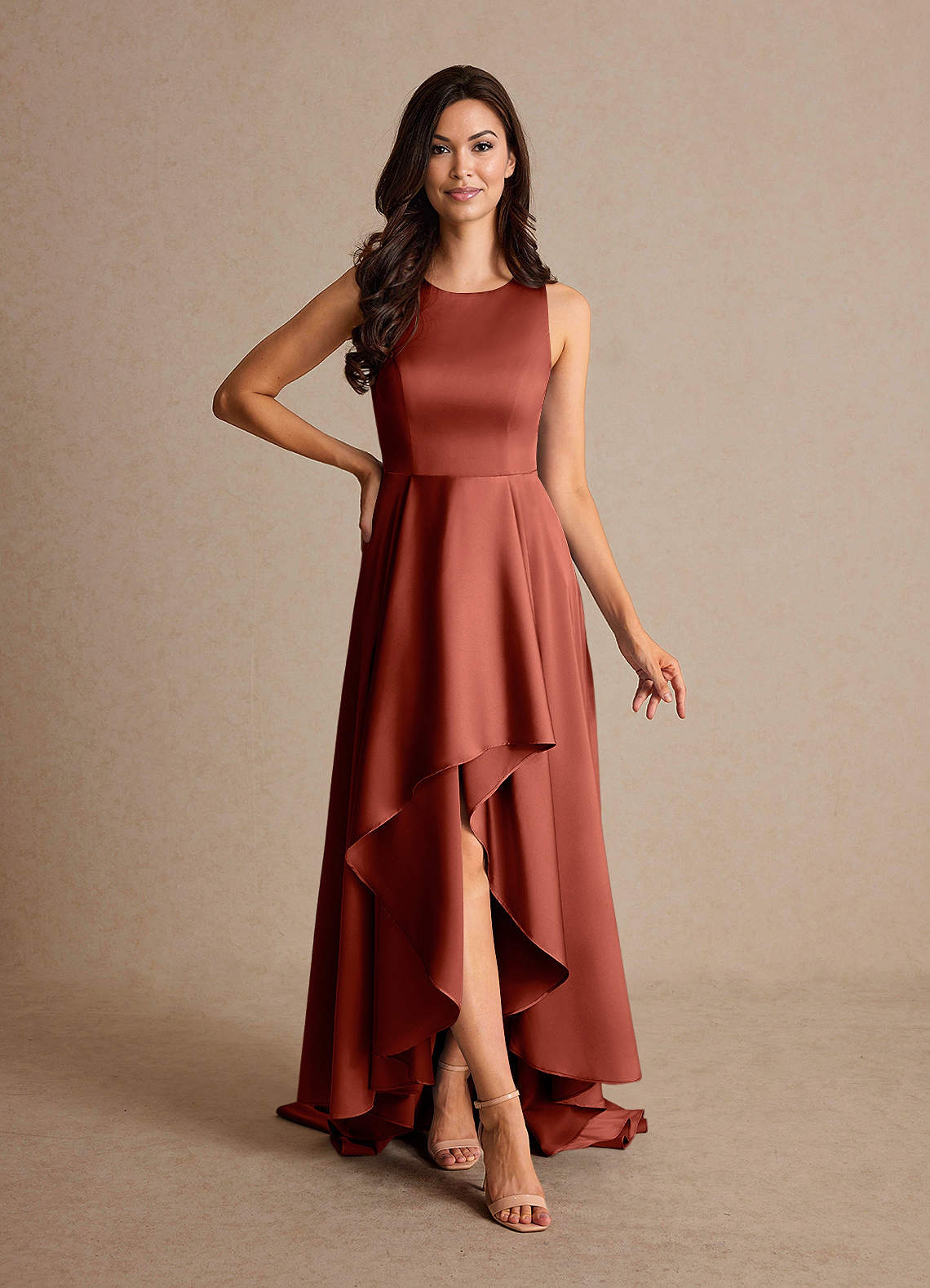 Azazie Niles Mère de la mariée Robes Robe Trapèze en Satin extensible Traînes Terracotta image1