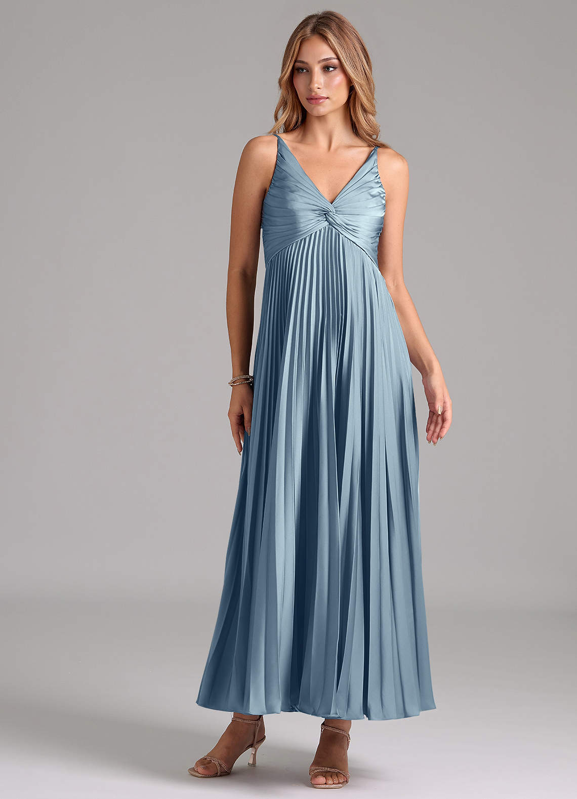 Azazie Raychelle Bridesmaid Dresses Dusty Blue A-Line Pleated Stretch Satin Dress image1