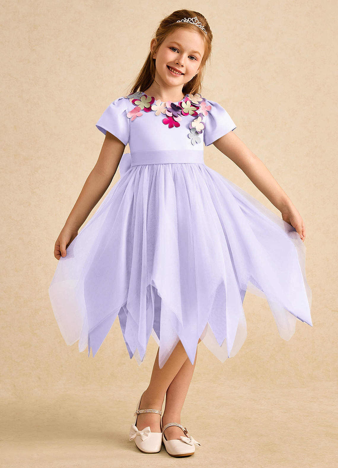 Azazie Janna Flower Girl Dresses Lilac A-Line with Sleeves Matte Satin Dress image1