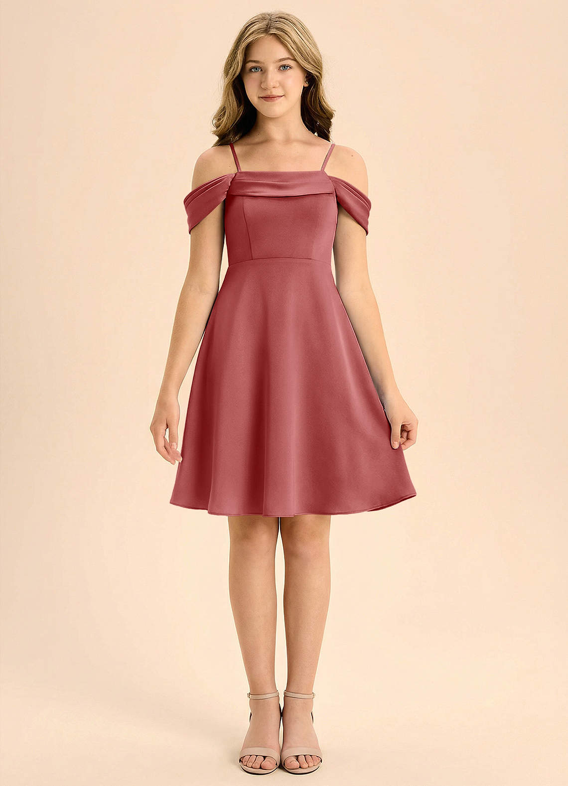 Azazie Anselie Junior A-Linie Plissee Stretch-Satin Kleid Antike Rose image2