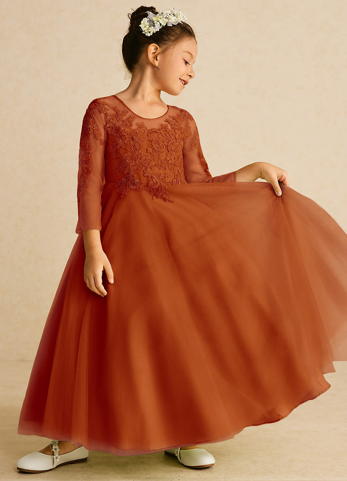 Azazie Precious Flower Girl Dresses Paprika A-Line Lace Tulle Dress image1