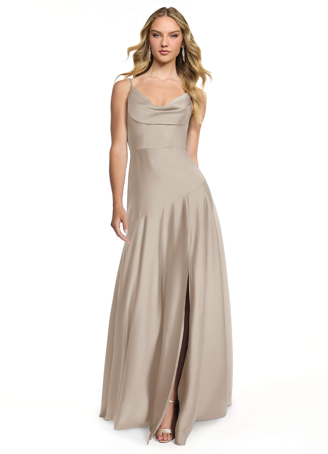 Azazie Kayla Bridesmaid Dresses Frost Sheath Side Slit Stretch Satin Dress image1