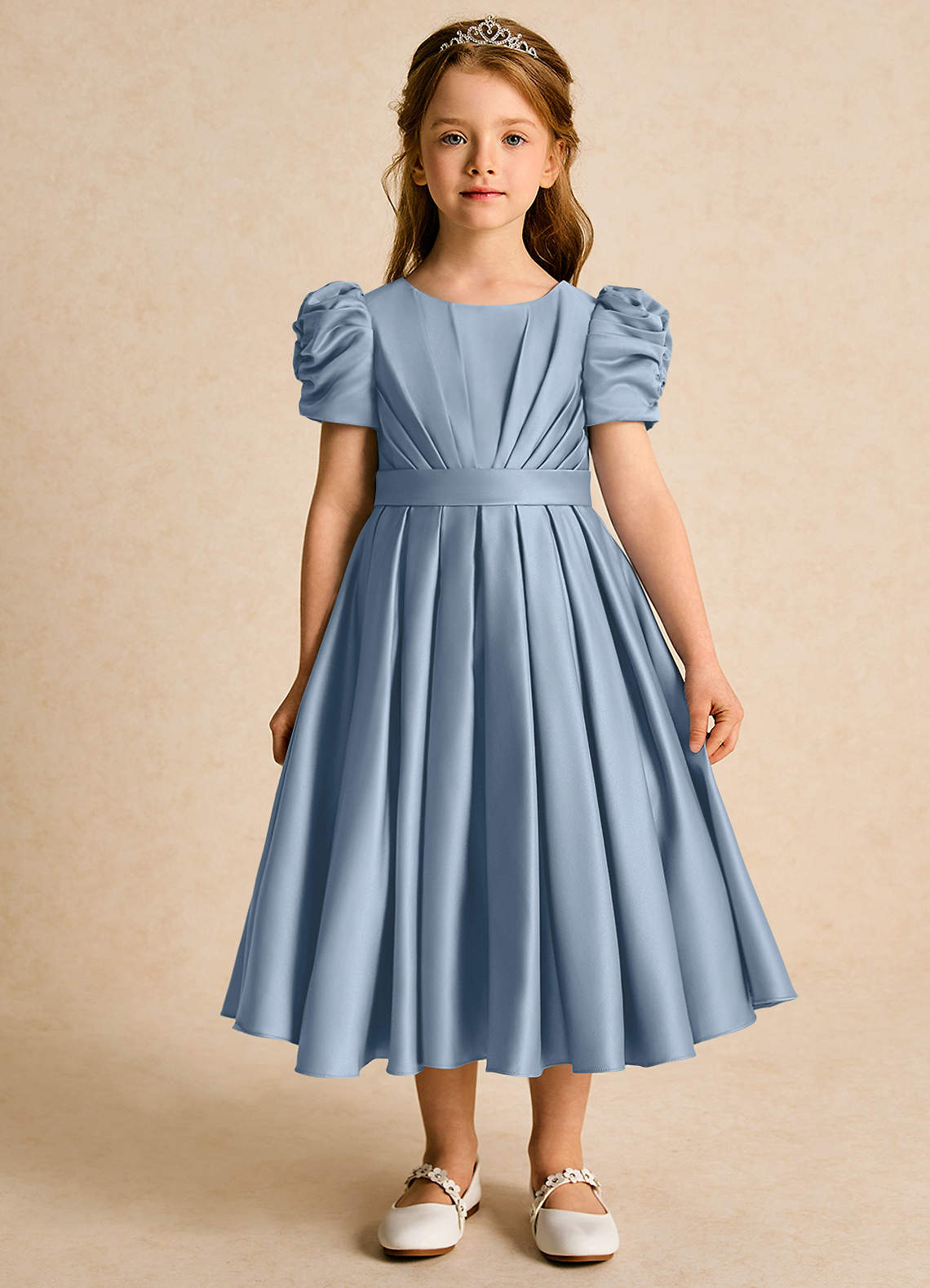 Azazie Miriam Abiti da Ragazza di Fiori Abito Principessa in Raso Opaco Plissettato Blu Polveroso image3