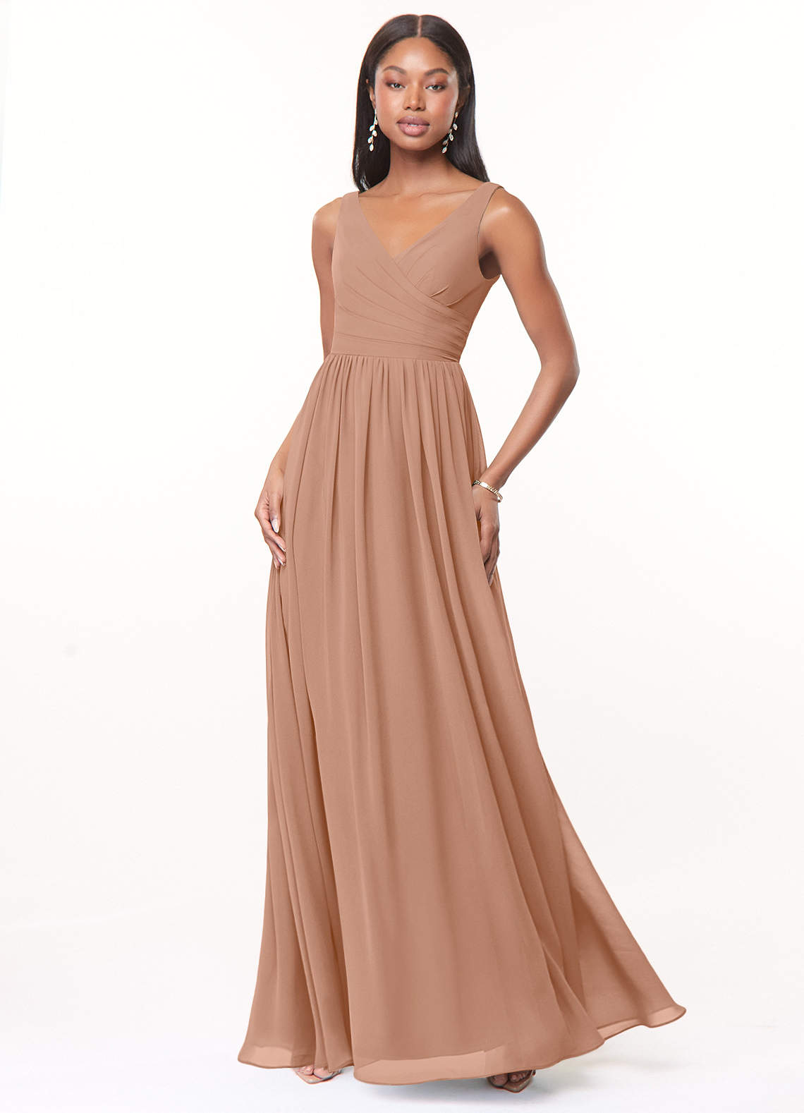 Azazie Keyla Bridesmaid Dresses Champagne Rose A-Line V-Neck Pleated Chiffon Dress image1