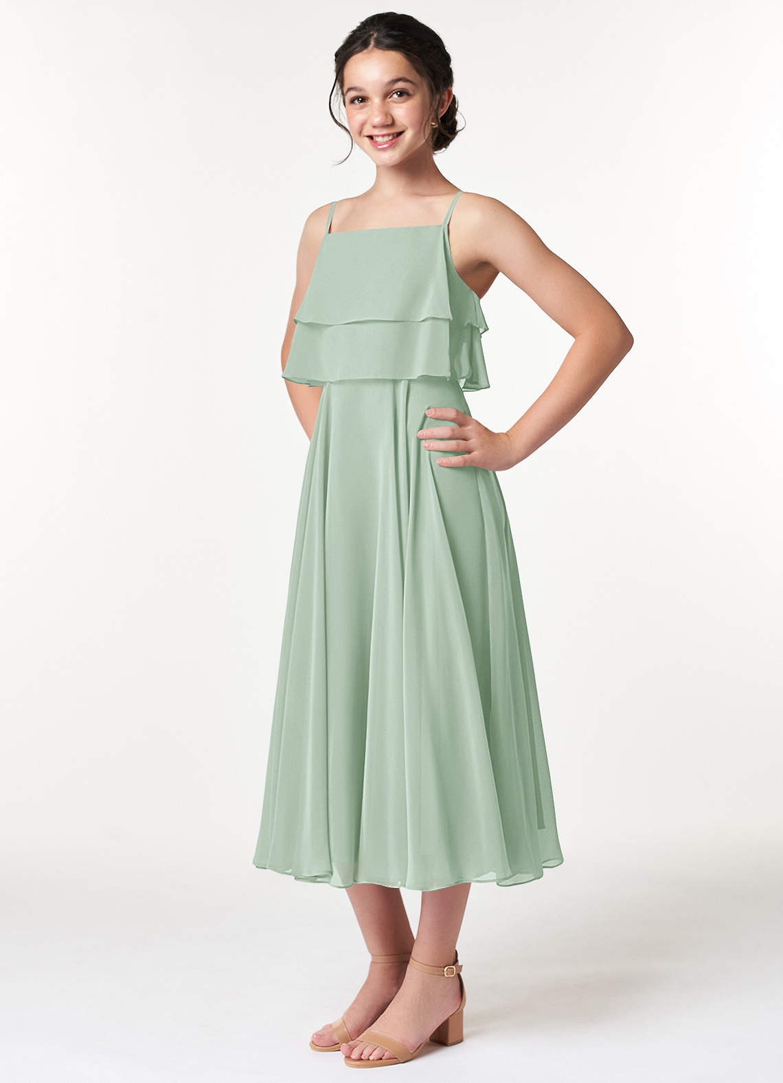Azazie Ensley Junior Abito A-Line in Chiffon Plissettato Agave image3