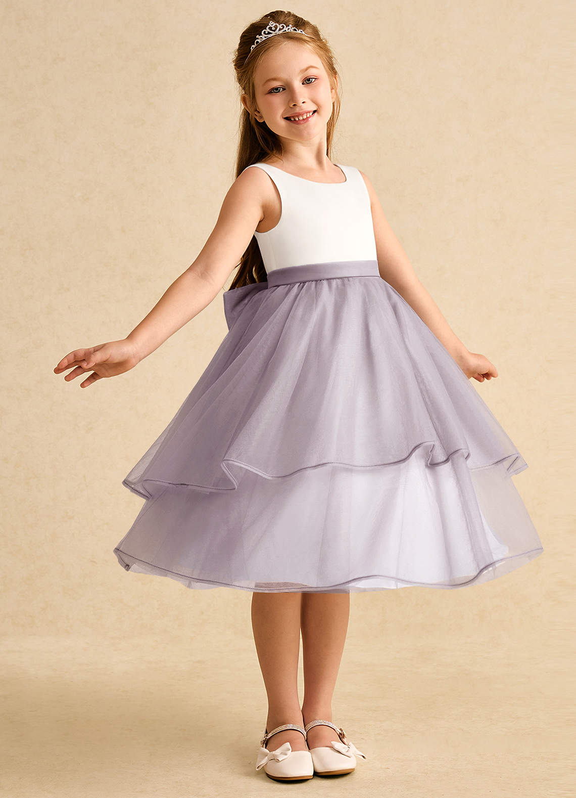Azazie Rene vestidos de niña de las flores Vestido de Marfil Anochecer de Tul de Corte En A con Lazo image1