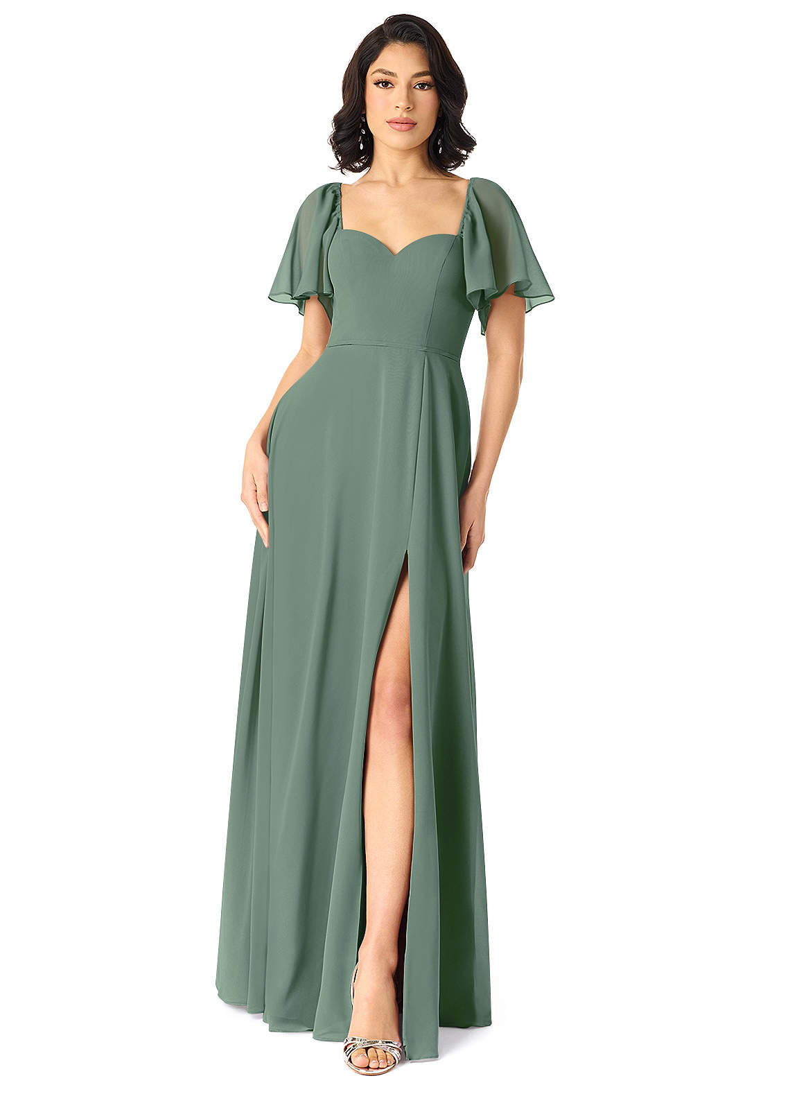 Azazie Chloe Robes de demoiselle d'honneur Robe Trapèze en Mousseline de soie Encolure en Forme de Cœur Eucalyptus image1