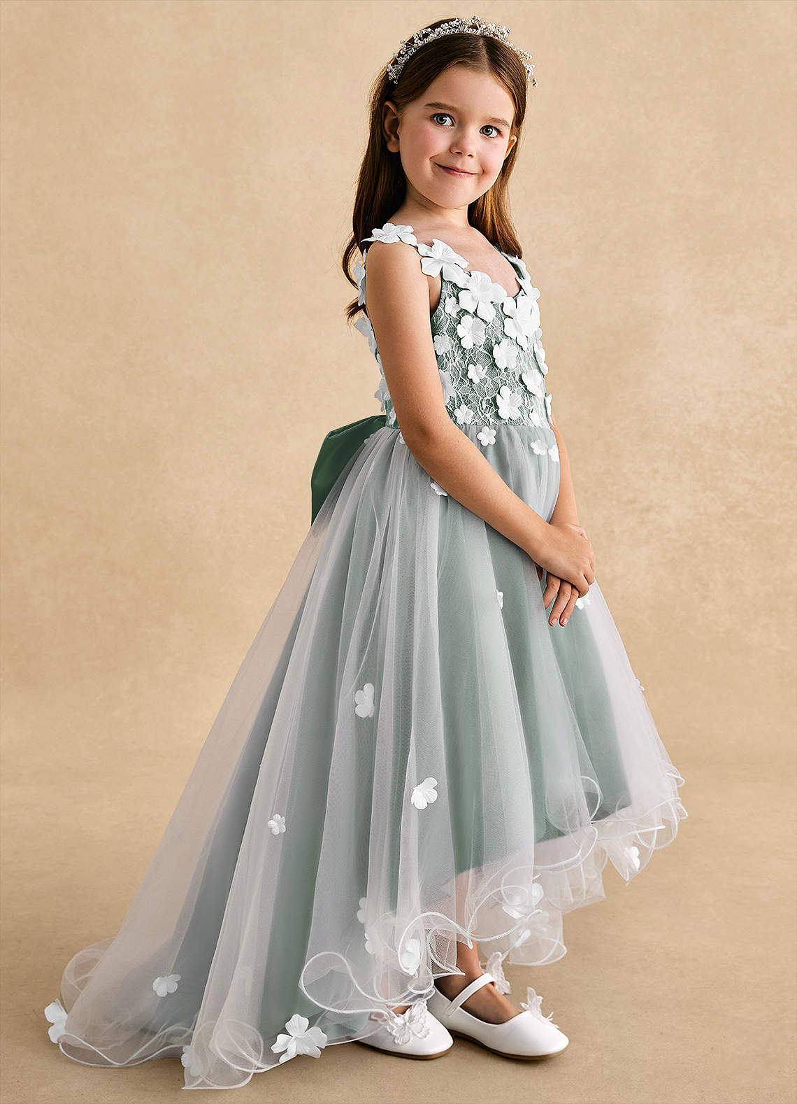 Azazie Celia Flower Girl Dresses Eucalyptus A-Line Lace Tulle Dress image2